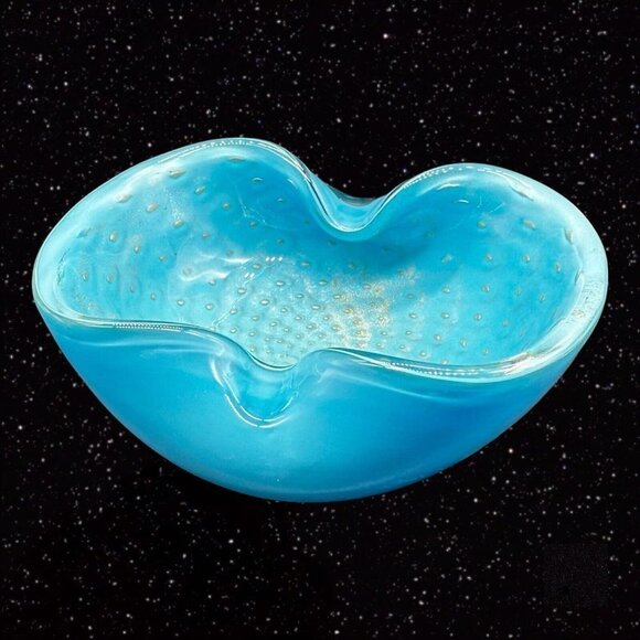 Murano Mid Century Art Glass Bowl Ashtray Blue Gold Aventurine Glitter 5”W 2”T - Picture 2 of 12